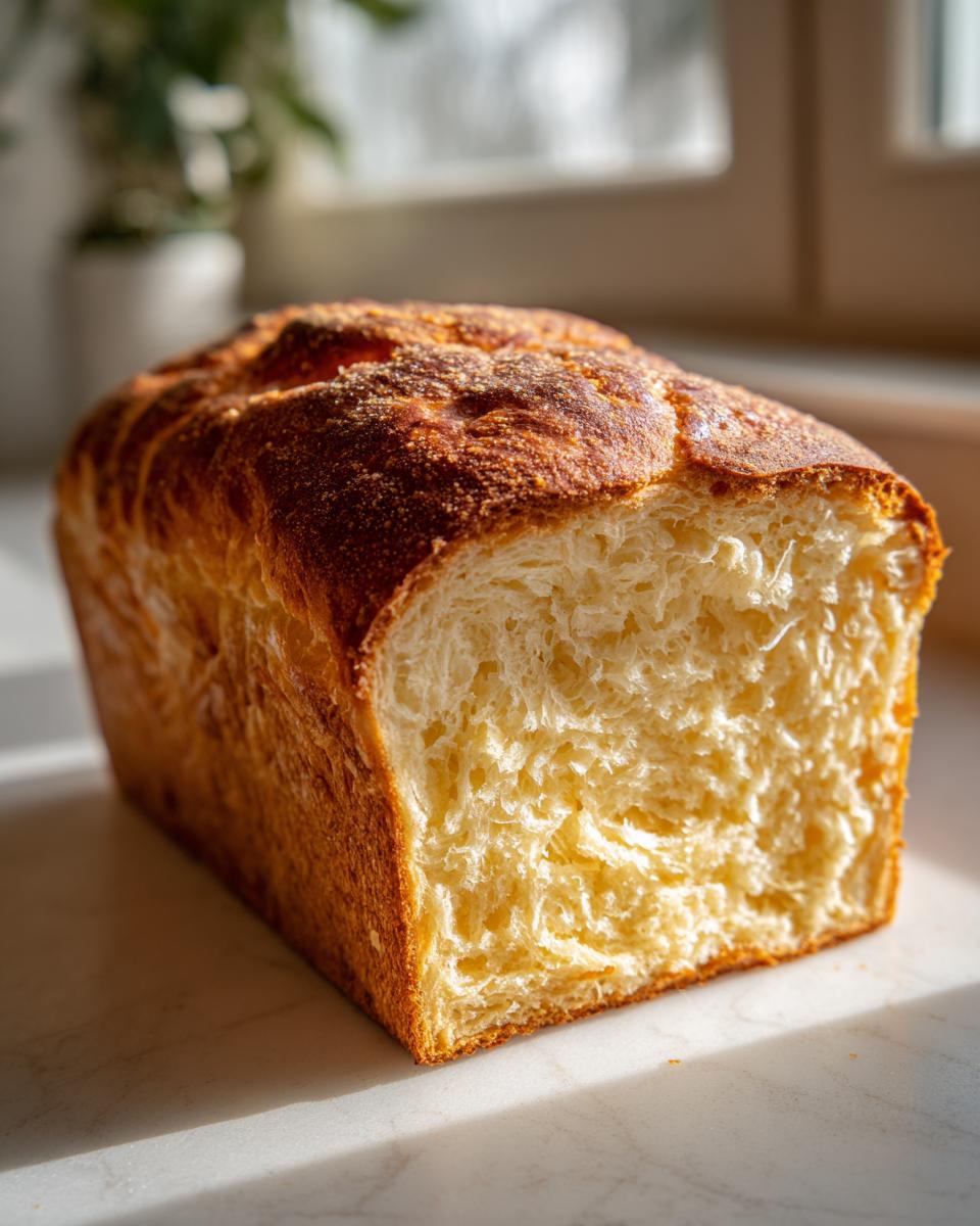 Close-up of a loaf of golden brown condensed milk bread, showing the incredibly soft and fluffy interior crumb.
