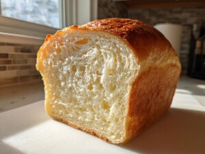 Close-up of a freshly baked loaf of condensed milk bread, showing its soft, white, and fluffy interior crumb.