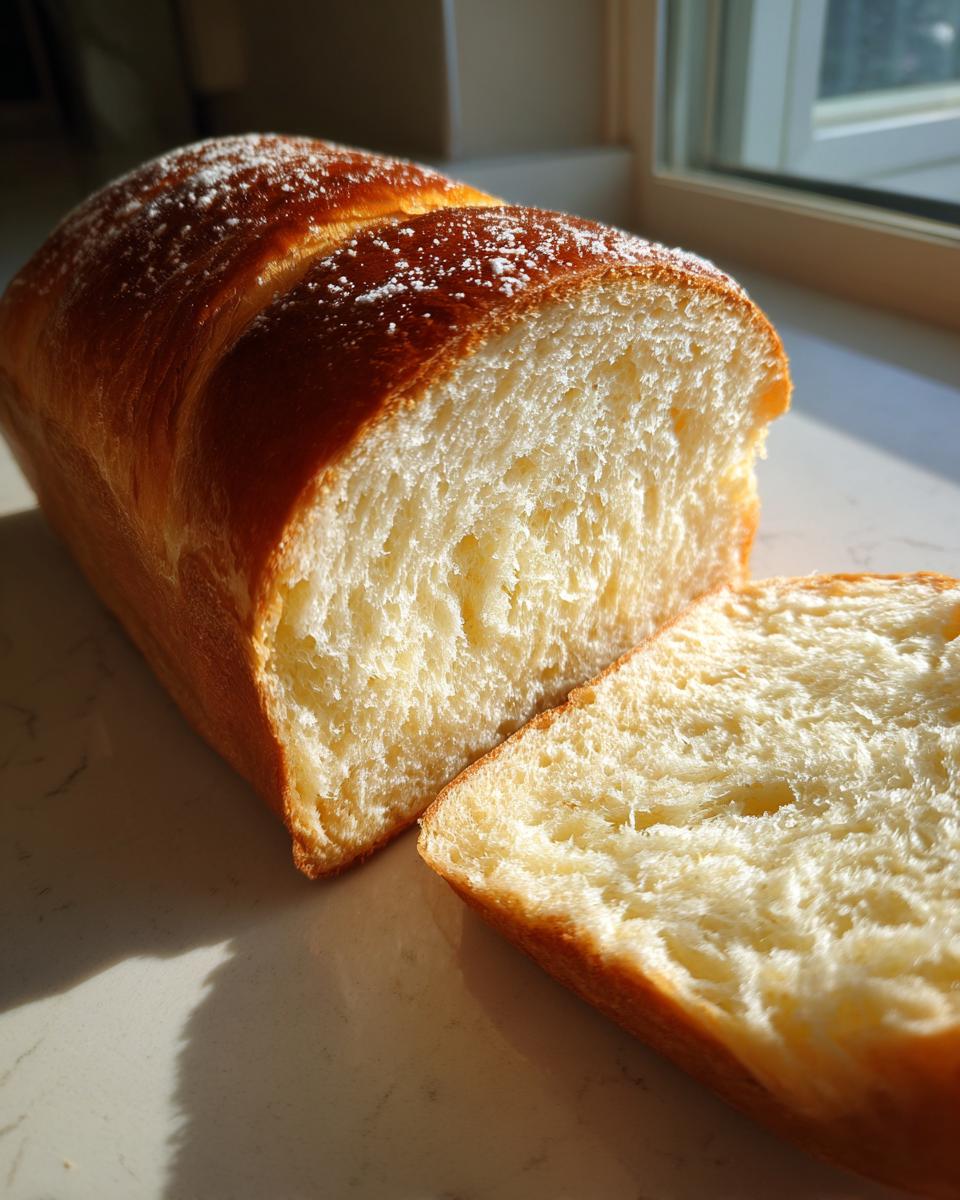 A golden brown loaf of fluffy condensed milk bread, partially sliced, dusted with powdered sugar.