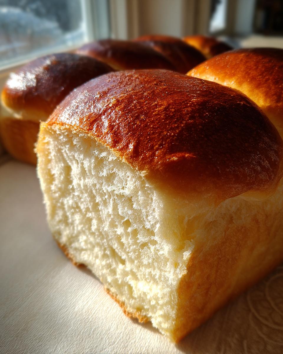 Close-up of a soft, fluffy slice of homemade condensed milk bread showing its white interior and shiny, golden-brown crust.