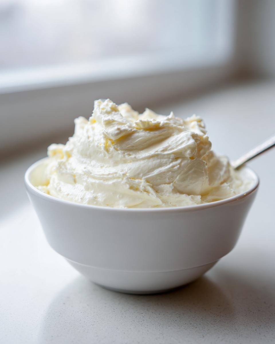 A close-up of freshly whipped, fluffy creamy horseradish sauce piled high in a small white bowl.