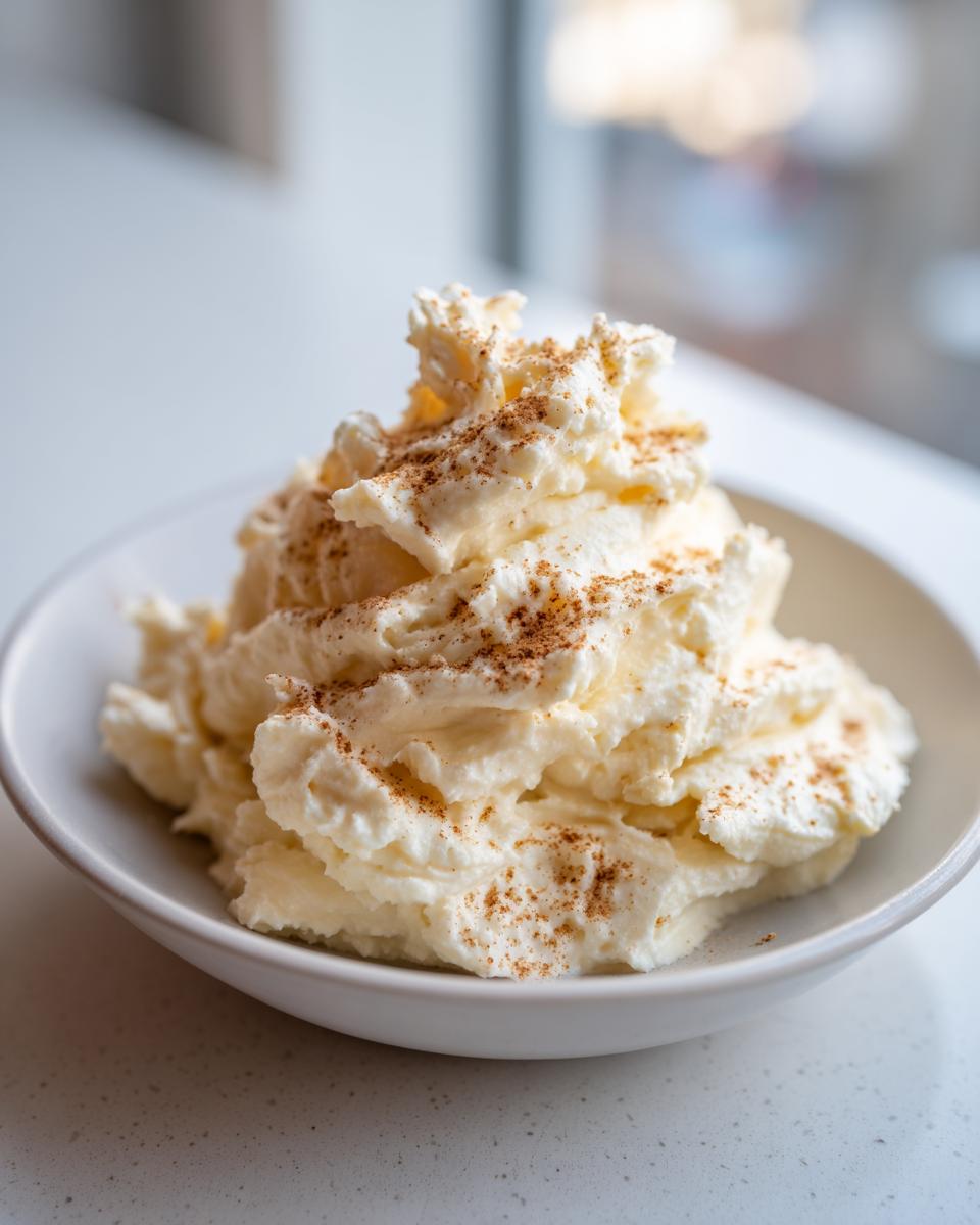 A bowl of fluffy, whipped honey butter recipe topped with a sprinkle of cinnamon.