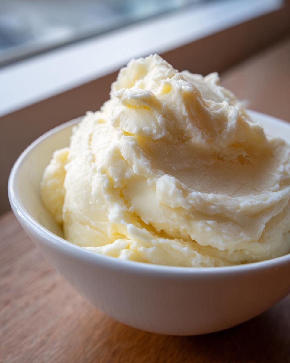 A close-up of incredibly fluffy mashed potatoes piled high in a white serving bowl.
