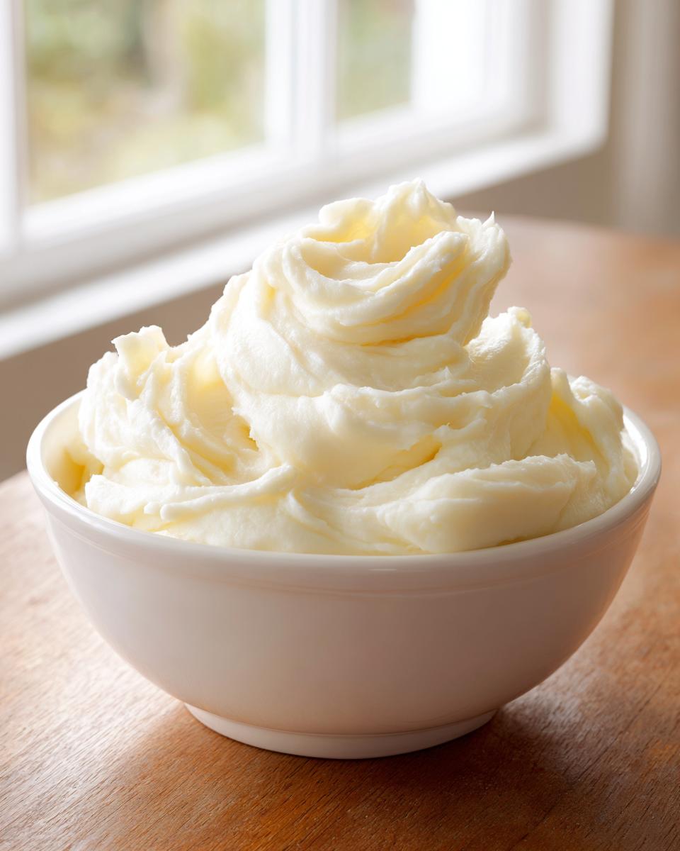 A white bowl filled high with incredibly fluffy mashed potatoes, showing distinct swirls on top.