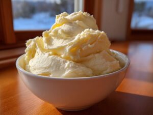 A large bowl overflowing with incredibly fluffy mashed potatoes, highlighted by warm sunlight.