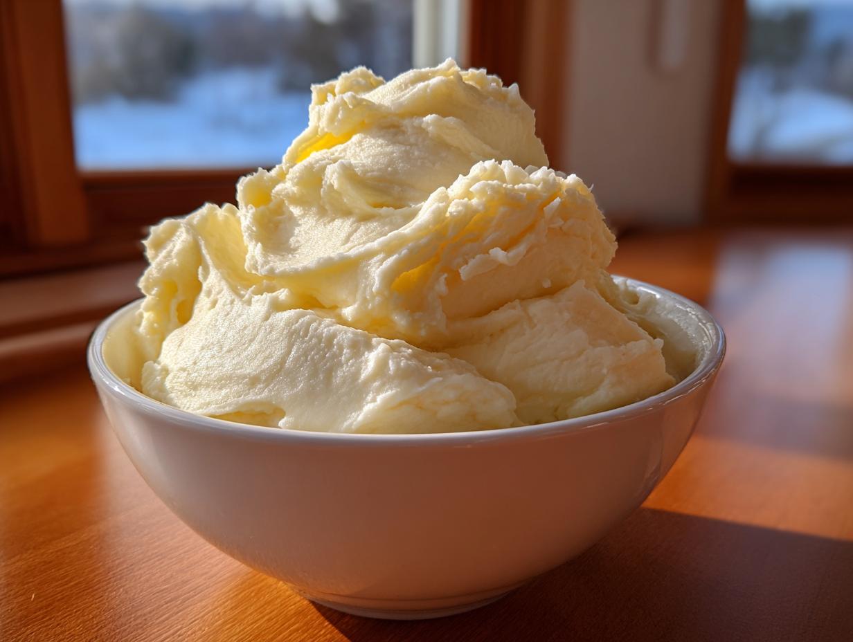 A large bowl overflowing with incredibly fluffy mashed potatoes, highlighted by warm sunlight.