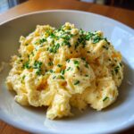 A close-up of creamy, fluffy scrambled eggs topped generously with finely chopped green chives.