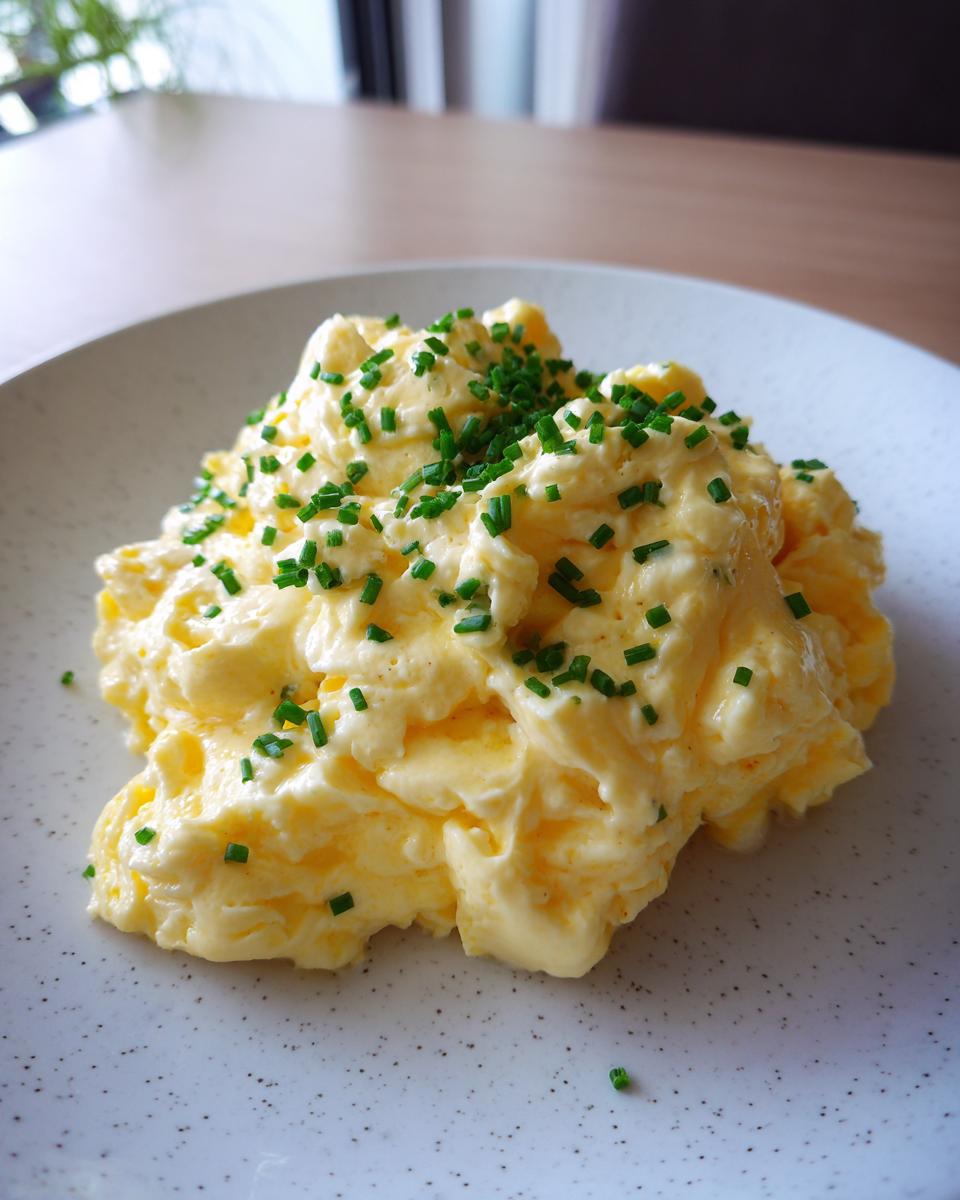 Close-up of creamy, fluffy scrambled eggs topped generously with freshly chopped green chives on a speckled white plate.
