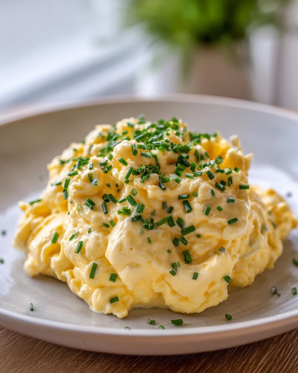 A close-up of very fluffy, creamy scrambled eggs topped generously with freshly chopped green chives.