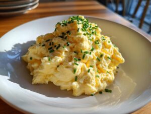 A generous serving of fluffy scrambled eggs, perfectly cooked and garnished with chopped green chives, served on a white plate.