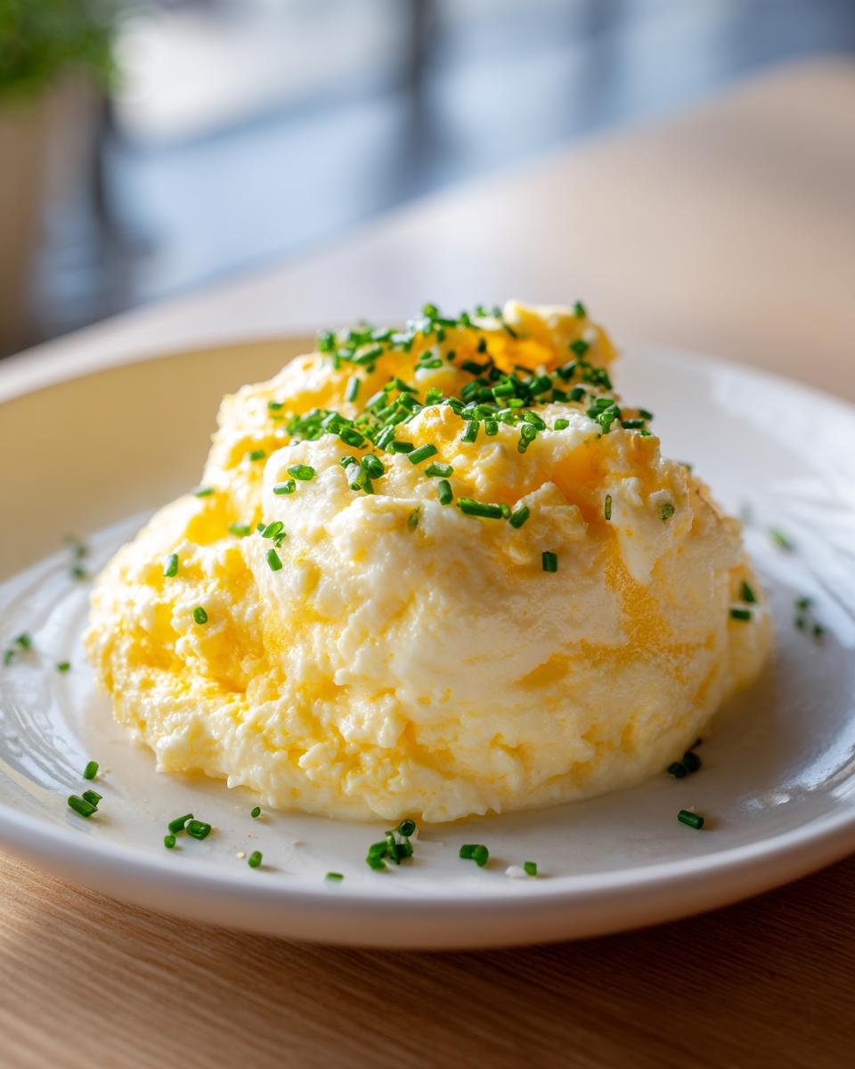 A mound of incredibly fluffy scrambled eggs, bright yellow and white, topped with fresh green chives on a white plate.