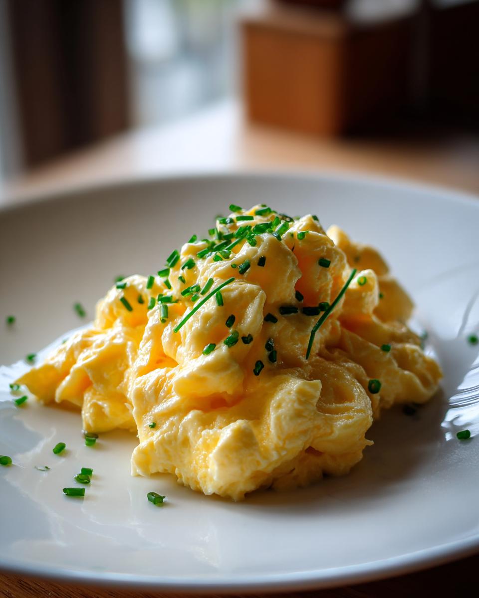 A close-up of perfectly fluffy scrambled eggs topped with finely chopped green chives, served on a white plate.