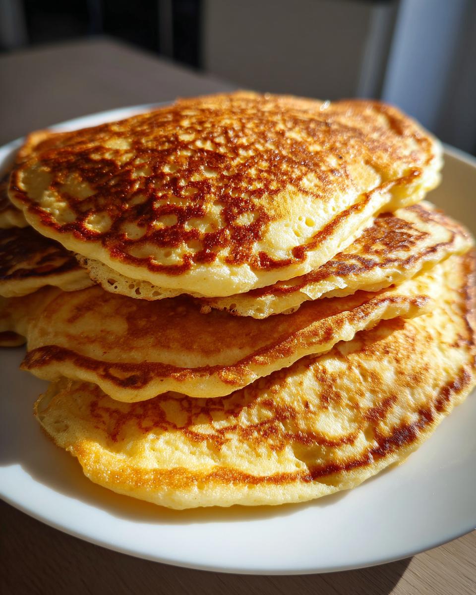 A tall stack of golden brown, fluffy sourdough discard pancakes on a white plate.