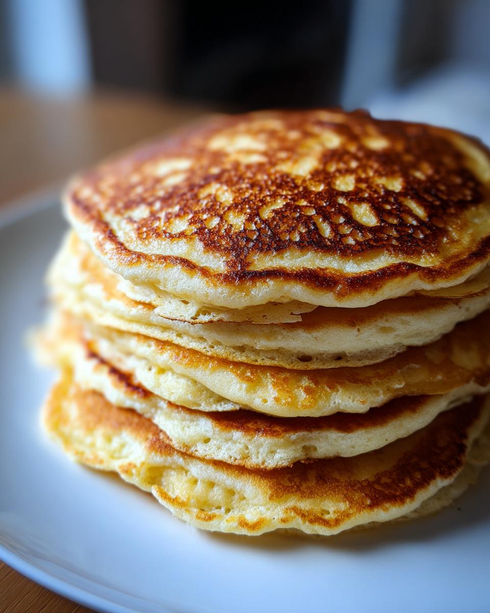 A tall stack of five fluffy sourdough discard pancakes with golden-brown, bubbly tops served on a white plate.