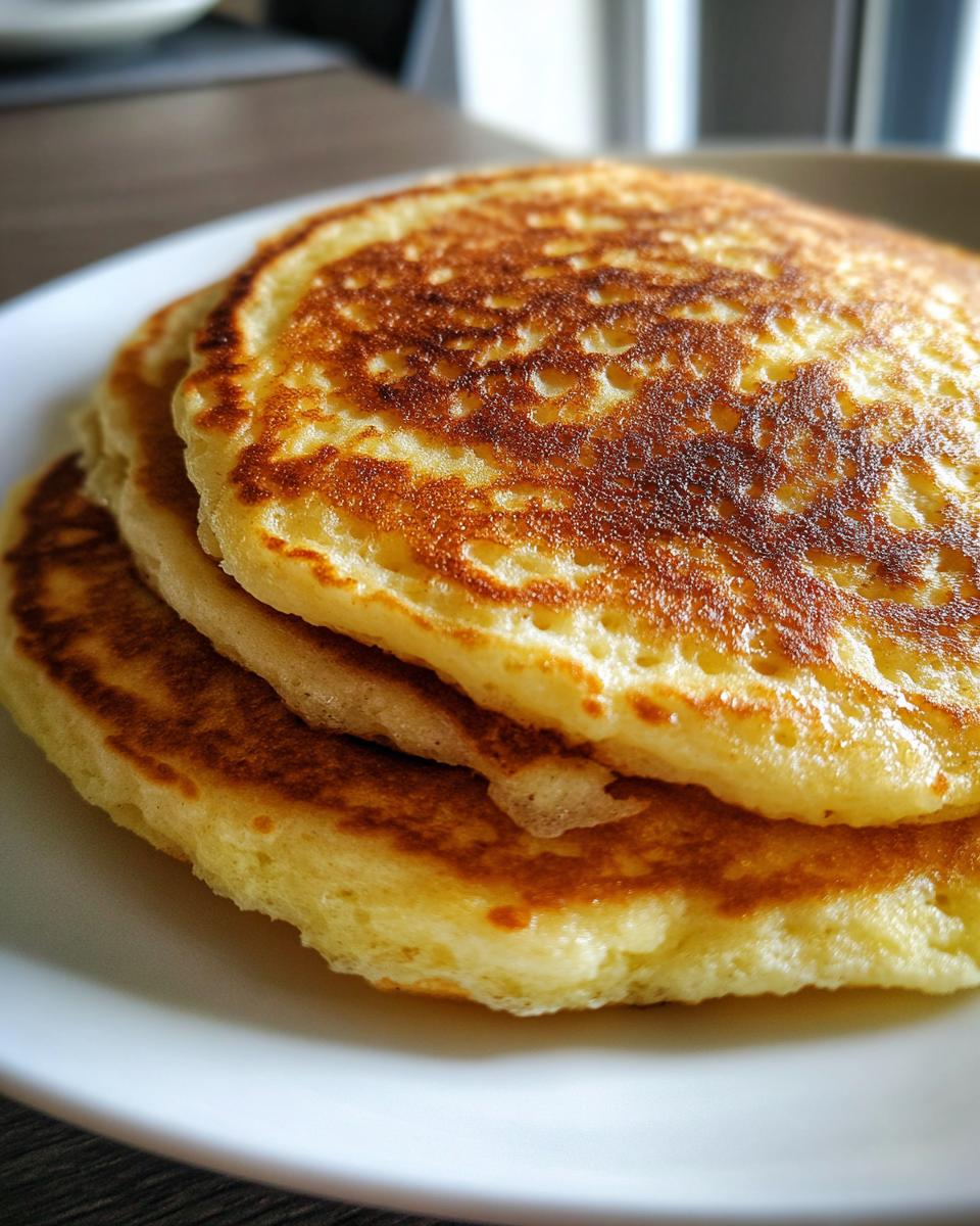 Close-up of a stack of three perfectly golden brown sourdough discard pancakes showing their fluffy texture.