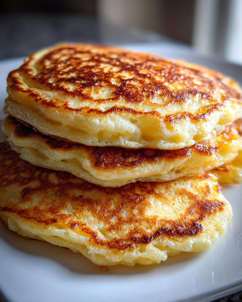 A close-up stack of three golden-brown, fluffy sourdough discard pancakes on a white plate.