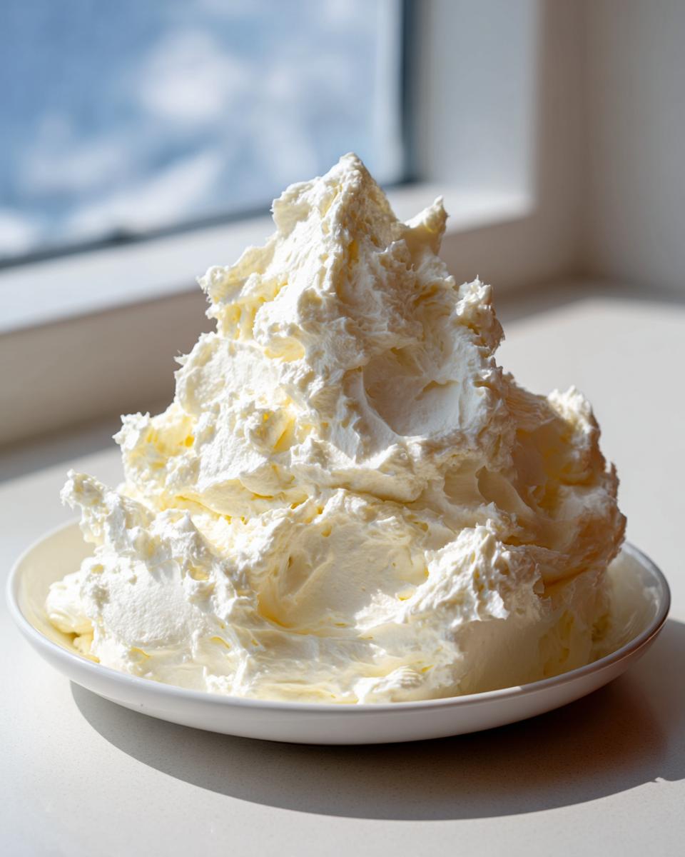 A large mound of freshly whipped, fluffy vanilla buttercream frosting piled high in a white bowl.