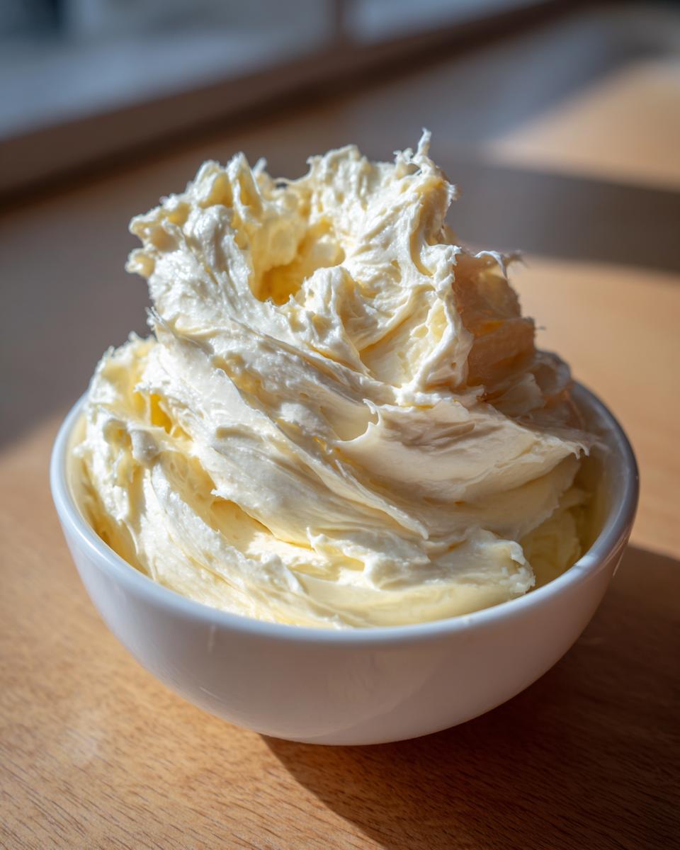A close-up of freshly whipped, creamy vanilla buttercream frosting piled high in a white bowl.