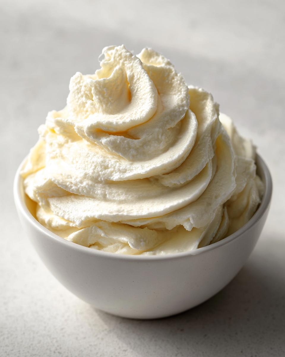 A close-up of perfectly piped, fluffy vanilla buttercream frosting mounded high in a small white bowl.