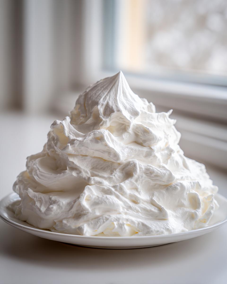 A large, perfectly piped mound of bright white, fluffy vanilla buttercream frosting sitting on a small white plate.