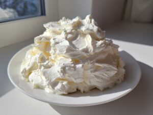 A generous mound of freshly whipped, bright white vanilla buttercream frosting sitting on a small white plate.