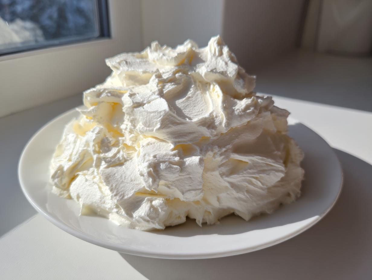 A generous mound of freshly whipped, bright white vanilla buttercream frosting sitting on a small white plate.