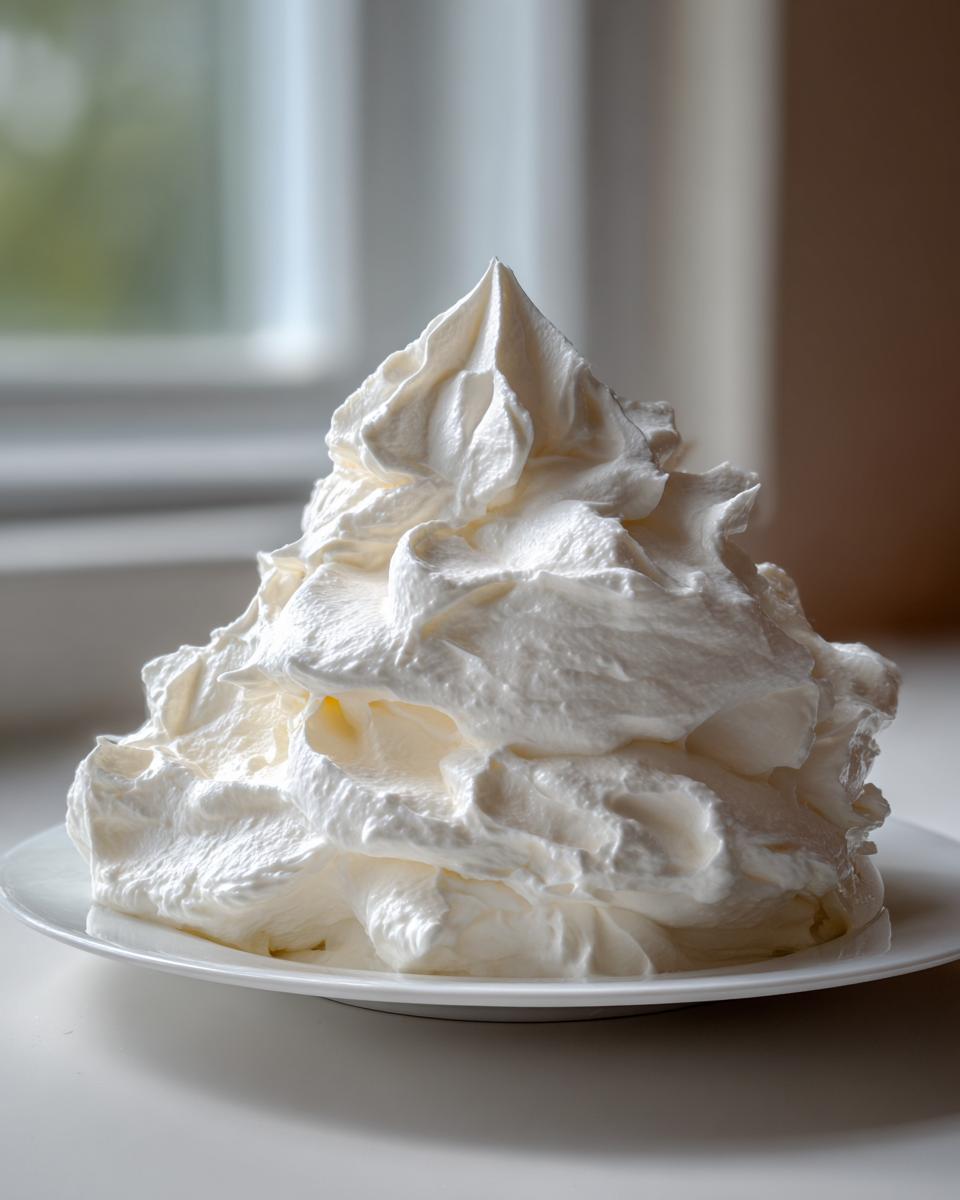 A large mound of freshly piped, stiff vanilla buttercream frosting sitting on a white plate.