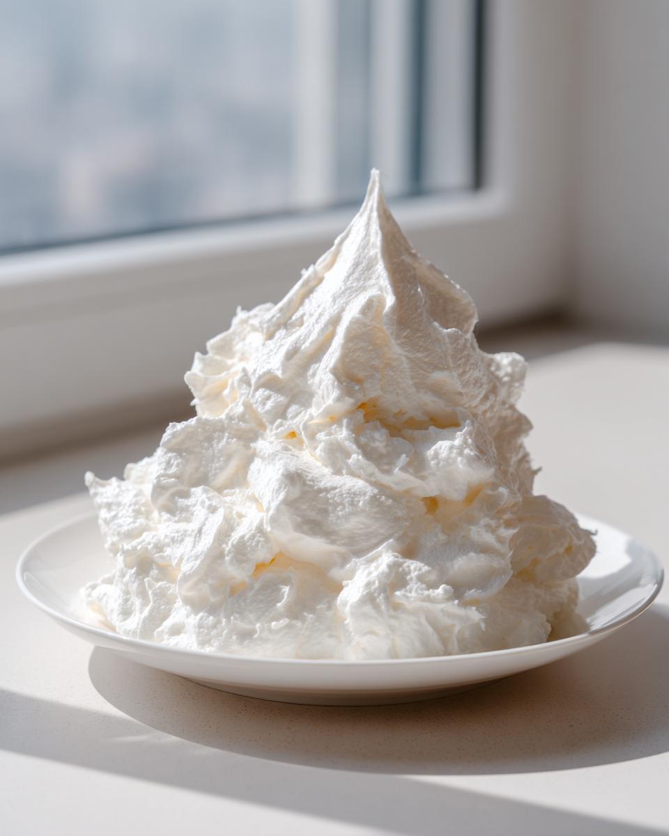 A large, fluffy mound of perfectly whipped vanilla buttercream frosting piled high on a small white plate, set near a bright window.