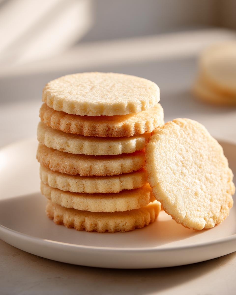 A stack of six golden brown, round sugar cookies with fluted edges, leaning against one cookie on a light plate.