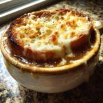 Close-up of a bowl of french onion soup recipe topped with a thick layer of melted, bubbly, and browned Gruyère cheese over toasted bread.