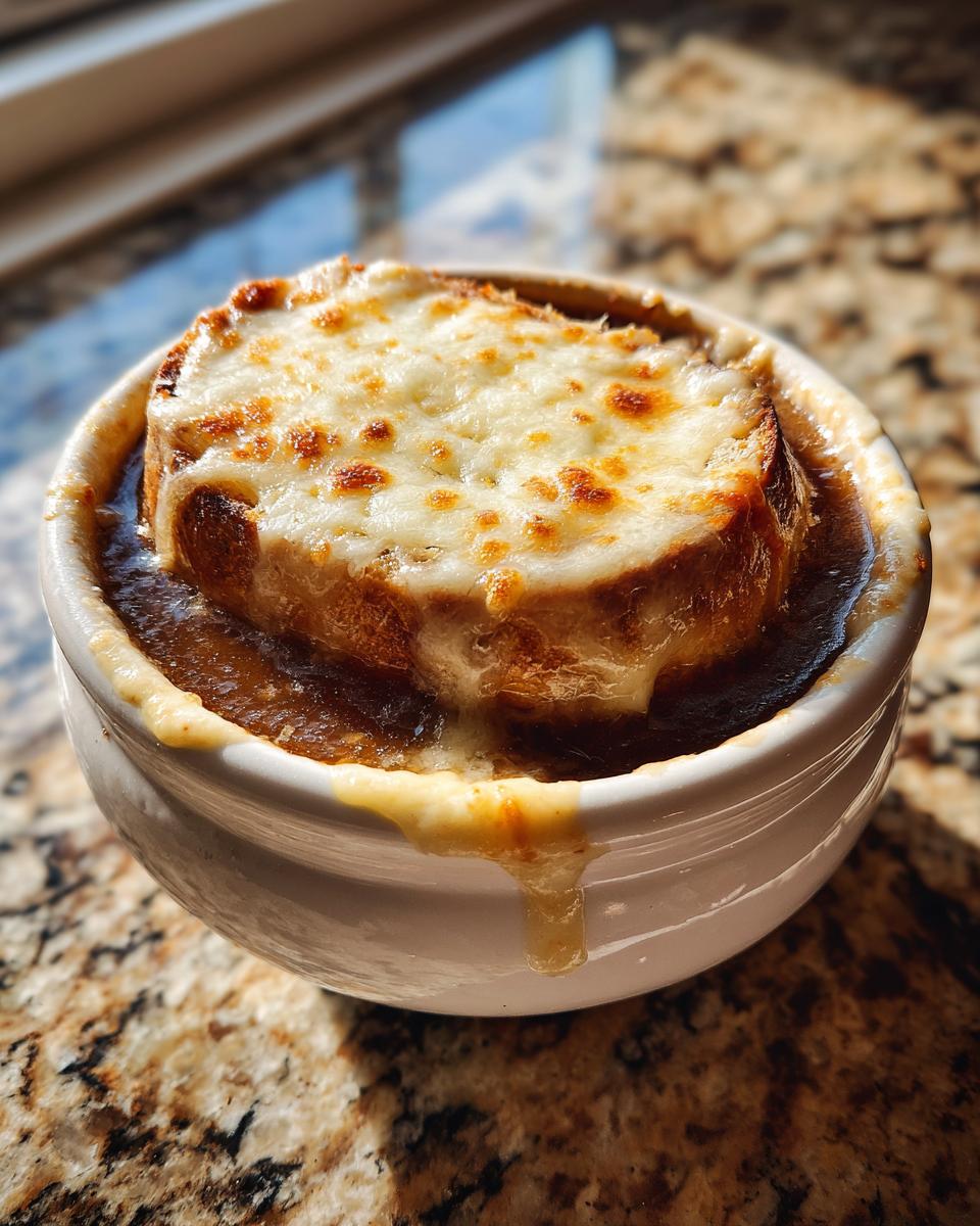 Close-up of a crock of french onion soup recipe topped with a thick, melted, and browned layer of cheese over crouton.