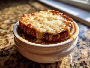 Close-up of a classic french onion soup recipe bowl topped with a thick crouton and melted, bubbly Gruyère cheese.