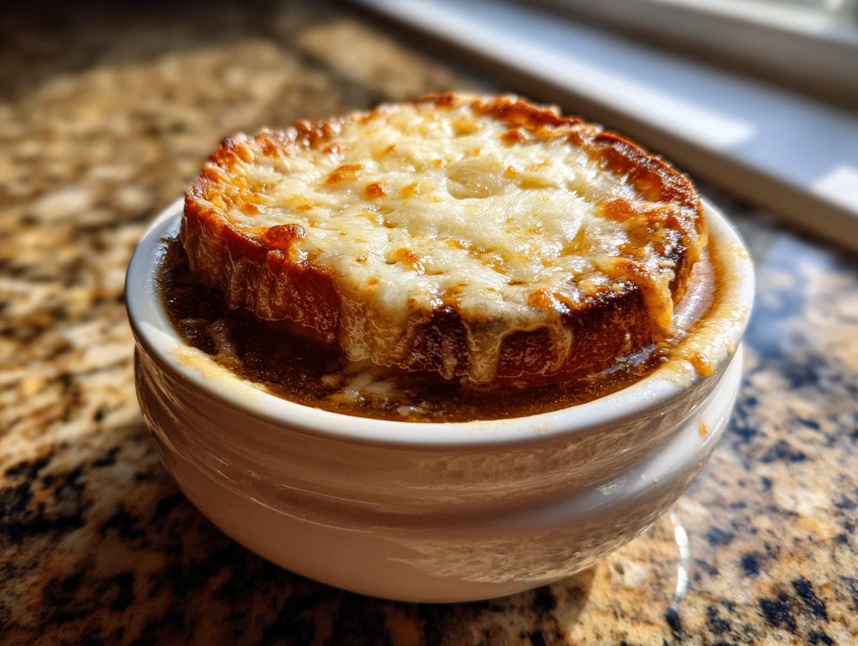 Close-up of a classic french onion soup recipe bowl topped with a thick crouton and melted, bubbly Gruyère cheese.