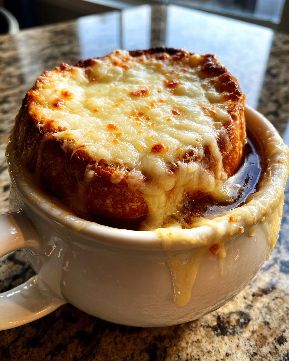 Close-up of a classic french onion soup recipe bowl with melted, bubbly Gruyère cheese topping the crouton.