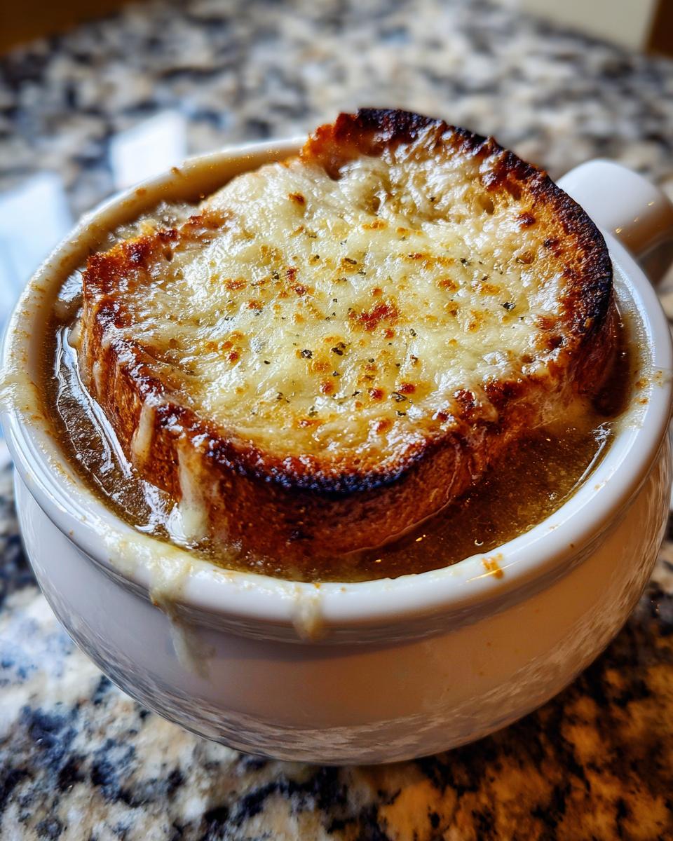 Close-up of a rich french onion soup recipe topped with a thick, broiled Gruyère cheese crust on crouton.