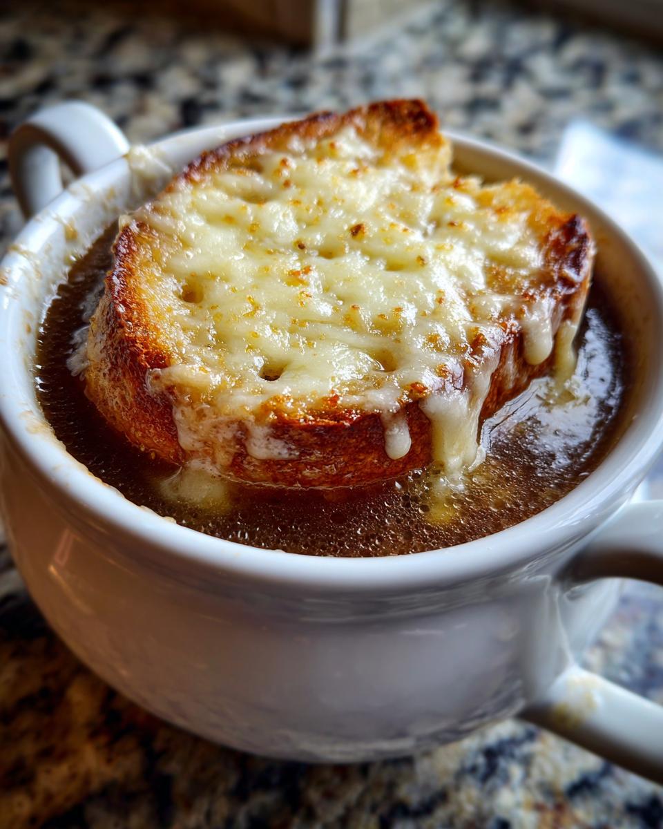Close-up of a steaming bowl of french onion soup recipe topped with a thick, cheesy, broiled crouton.