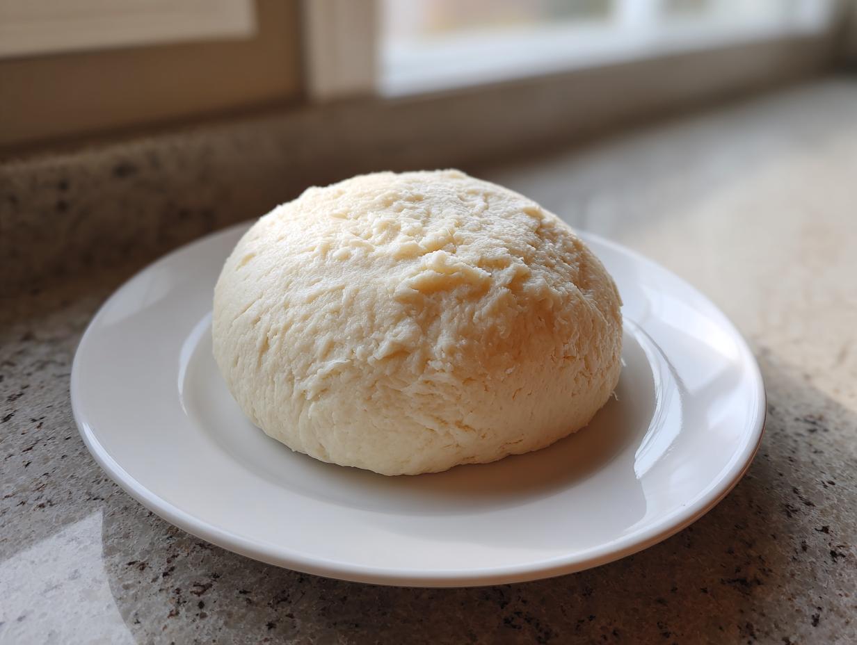 A smooth, pale mound of freshly prepared fufu served on a white plate, ready to eat.