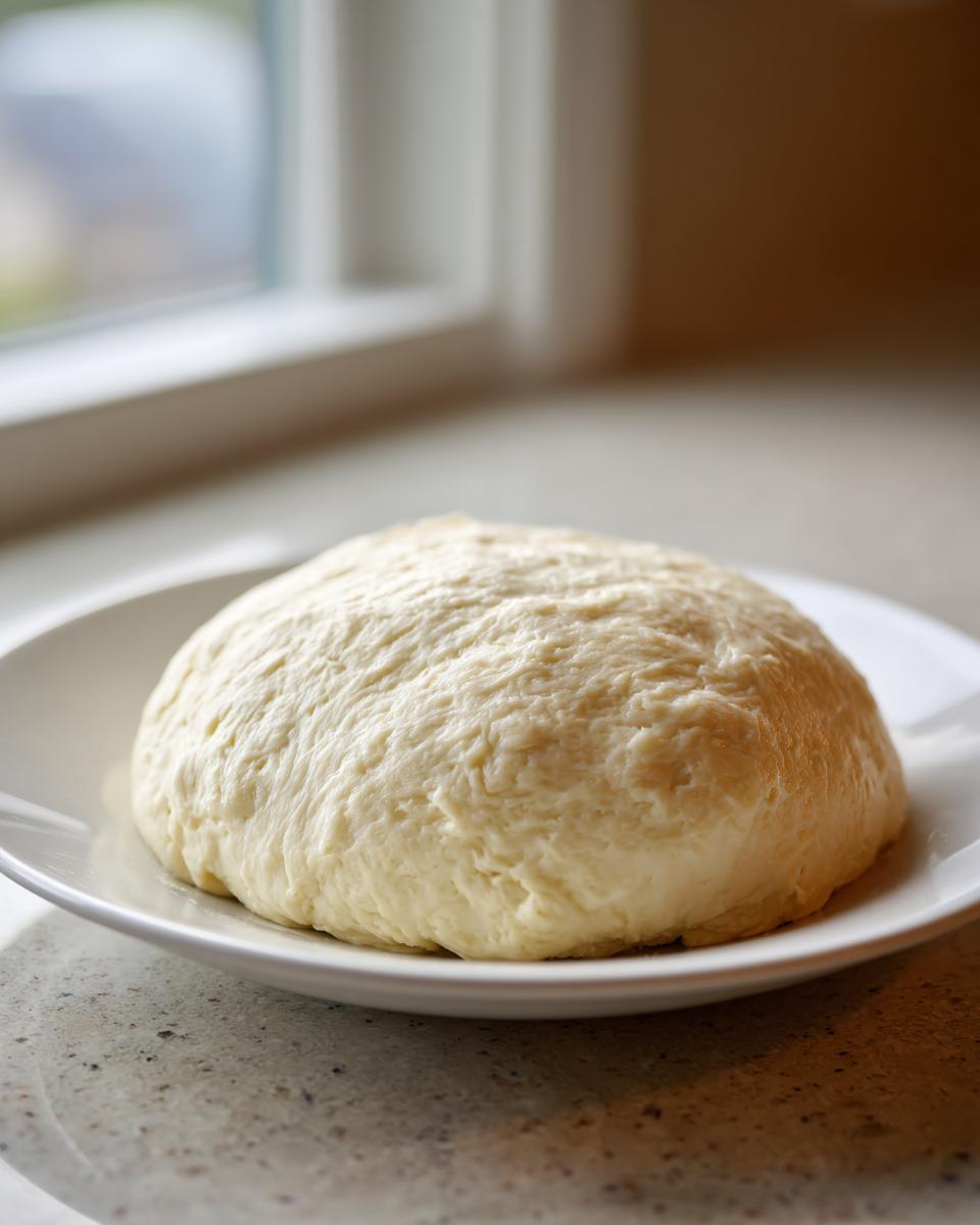 A smooth, pale mound of freshly prepared fufu dough resting on a white plate near a window.