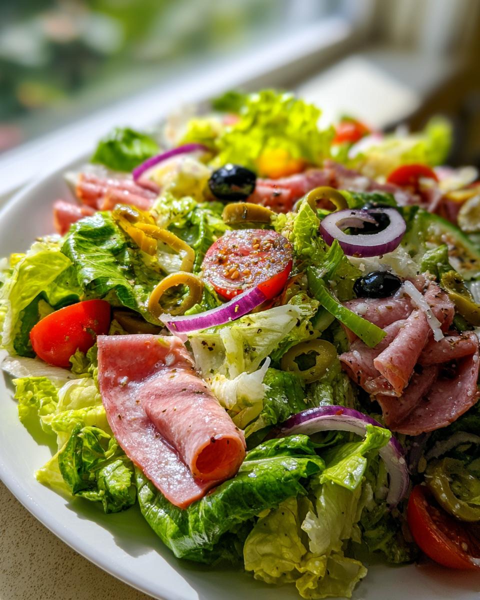 A vibrant close-up of a delicious grinder salad featuring crisp lettuce, rolled salami, red onion, tomatoes, and olives.