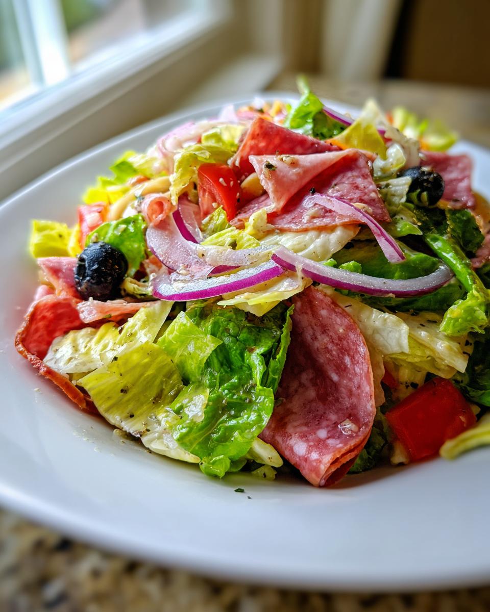 A vibrant, close-up view of a fresh grinder salad featuring lettuce, salami, red onion, tomatoes, and black olives.