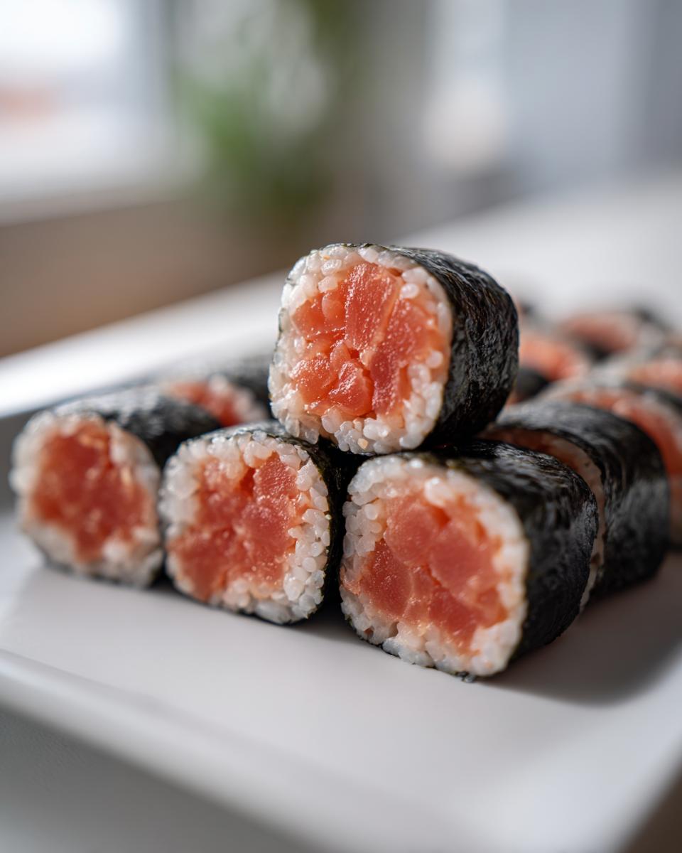 Close-up of several freshly cut pieces of tuna kimbap stacked on a white plate, showing bright red tuna filling.