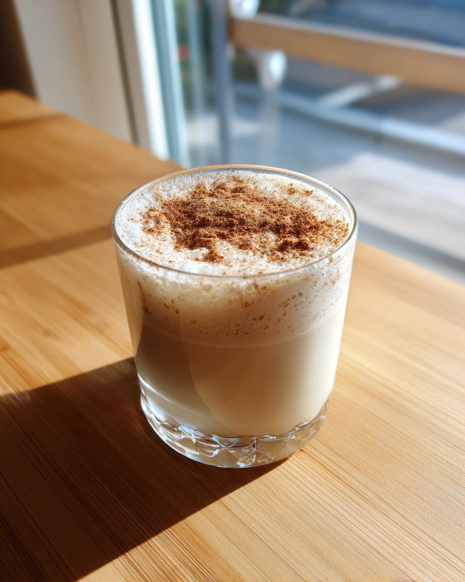 A glass of creamy, frothy coquito topped generously with ground cinnamon, sitting on a wooden surface.