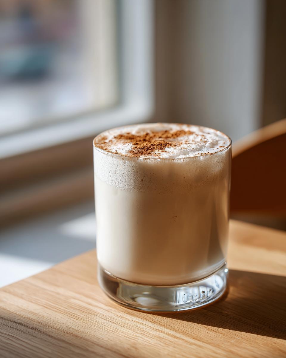 Close-up of a glass filled with creamy, frothy coquito, dusted with ground cinnamon.