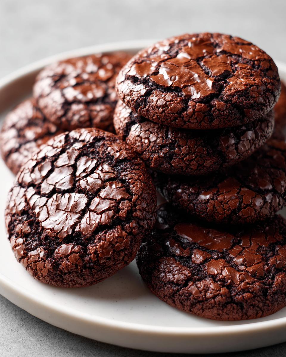 A close-up stack of rich, dark chocolate brownie cookies featuring glossy, cracked tops.