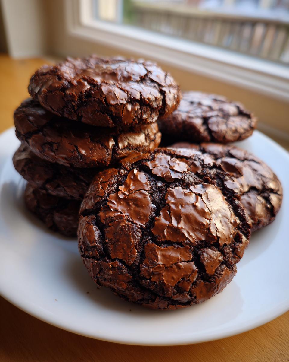 A stack of rich, dark chocolate brownie cookies featuring shiny, cracked tops, resting on a white plate.