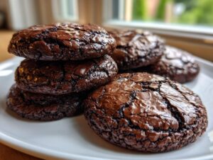 A stack of rich, dark chocolate brownie cookies featuring shiny, cracked tops, displayed on a white plate.