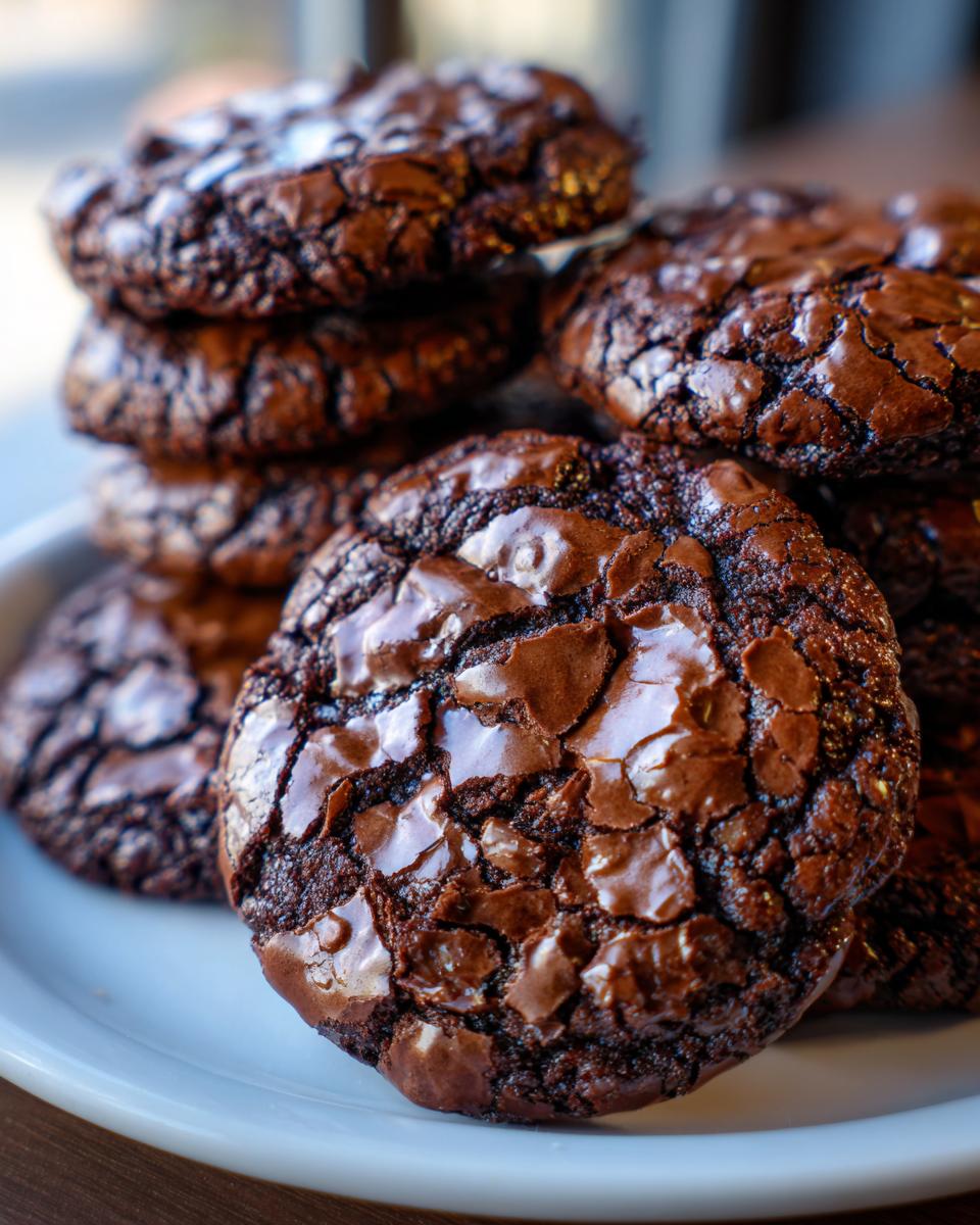 Close-up of a stack of rich, dark chocolate brownie cookies featuring shiny, cracked tops.