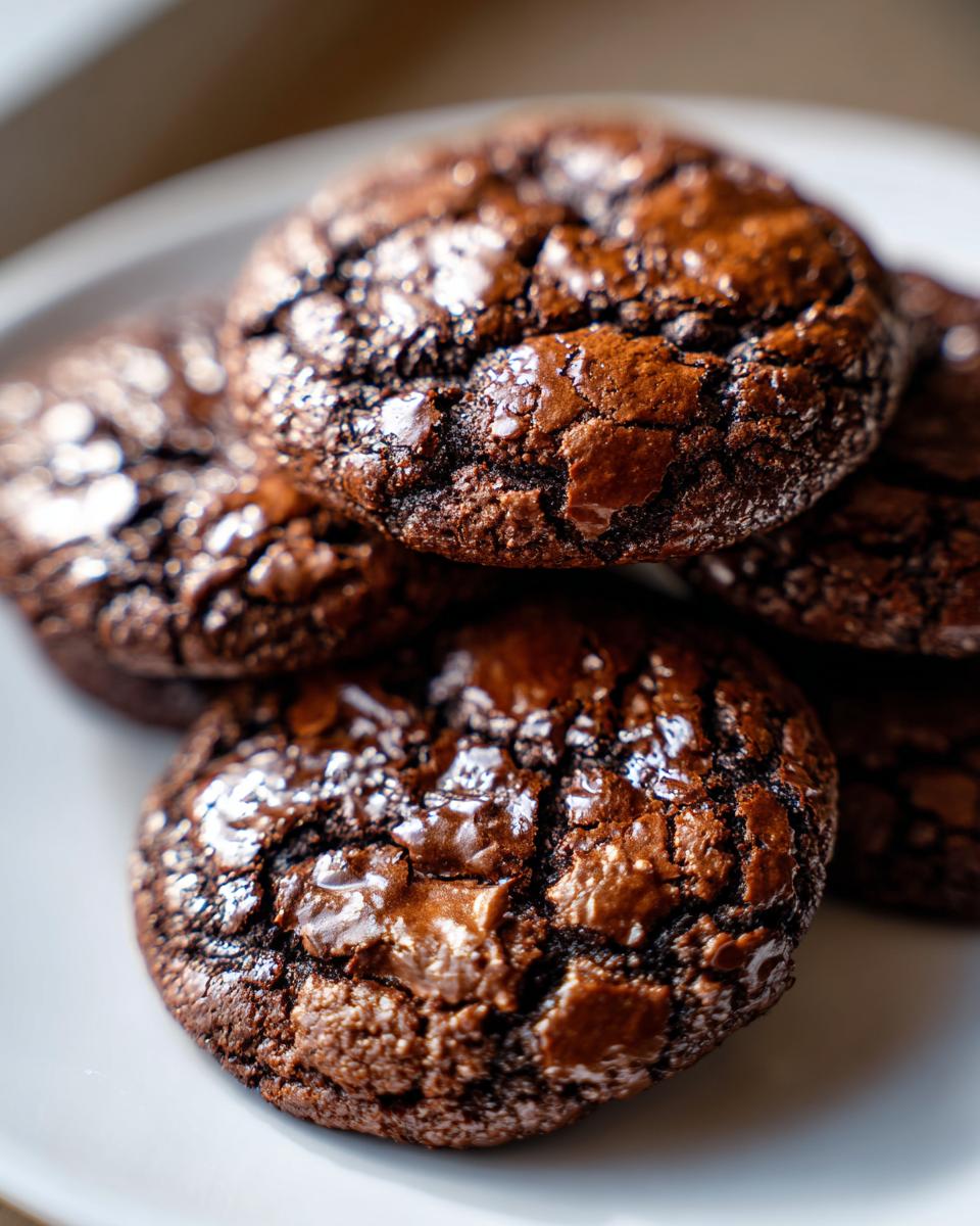 Close-up of a stack of fudgy chocolate brownie cookies showing their signature shiny, cracked tops.