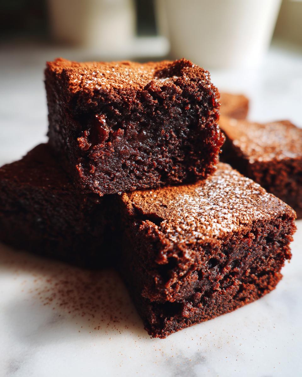 Close-up of fudgy date brownies stacked and dusted lightly with powdered sugar on a white marble surface.