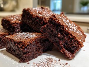 Close-up of several fudgy date brownies stacked on a white plate, lightly dusted with powdered sugar.